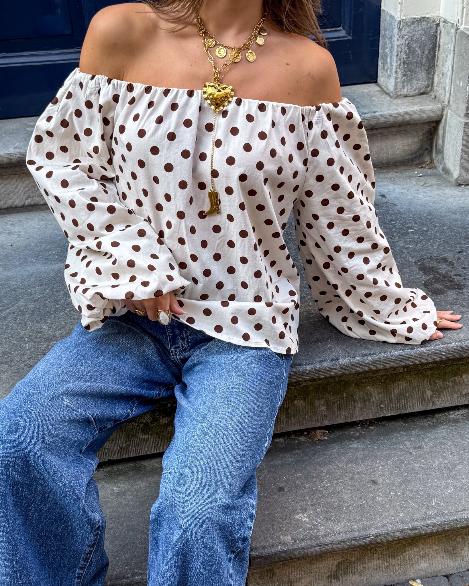 Benthe Off Shoulder Stippen Top Wit - Image 5