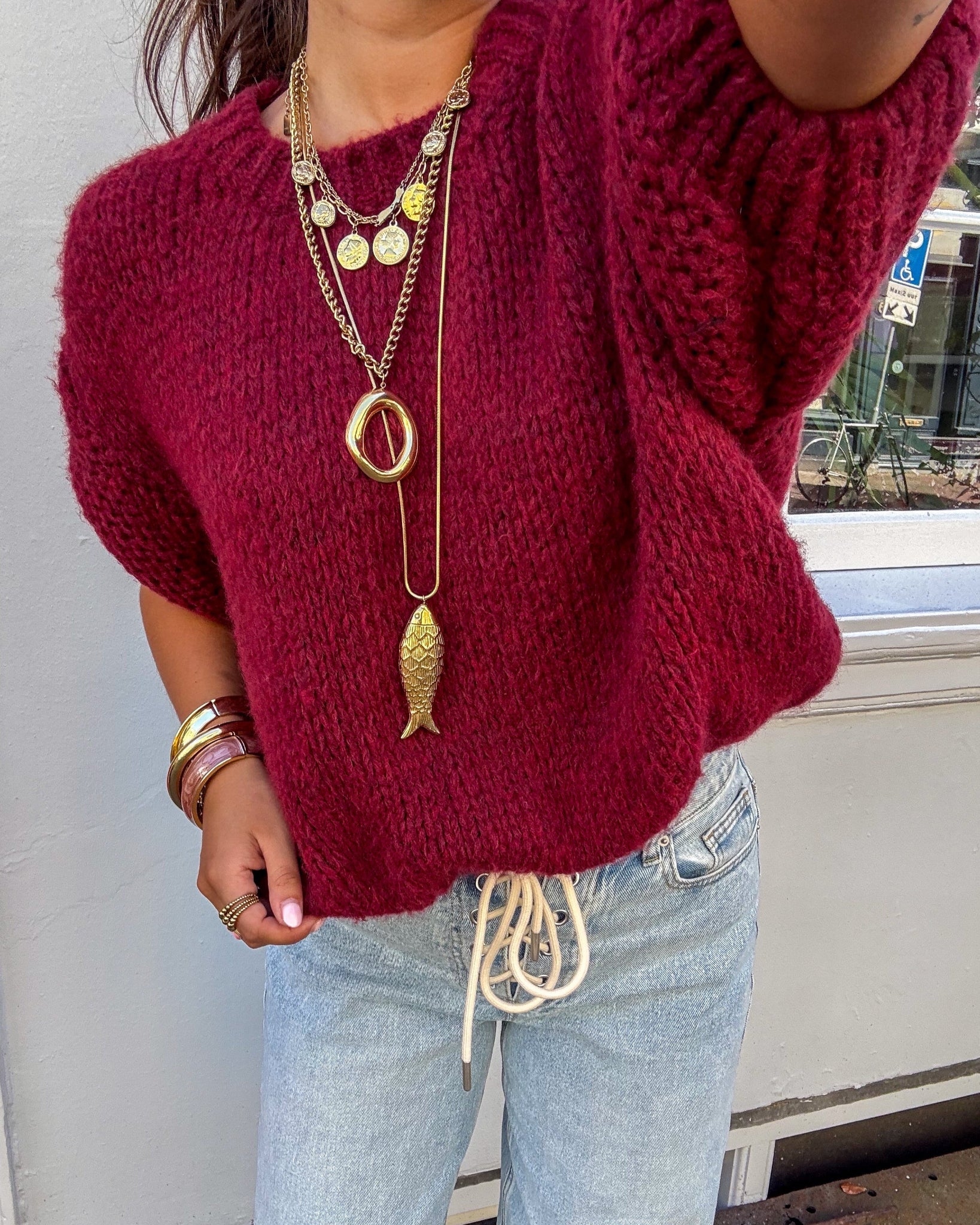 Donna Korte Mouwen Trui Bordeaux