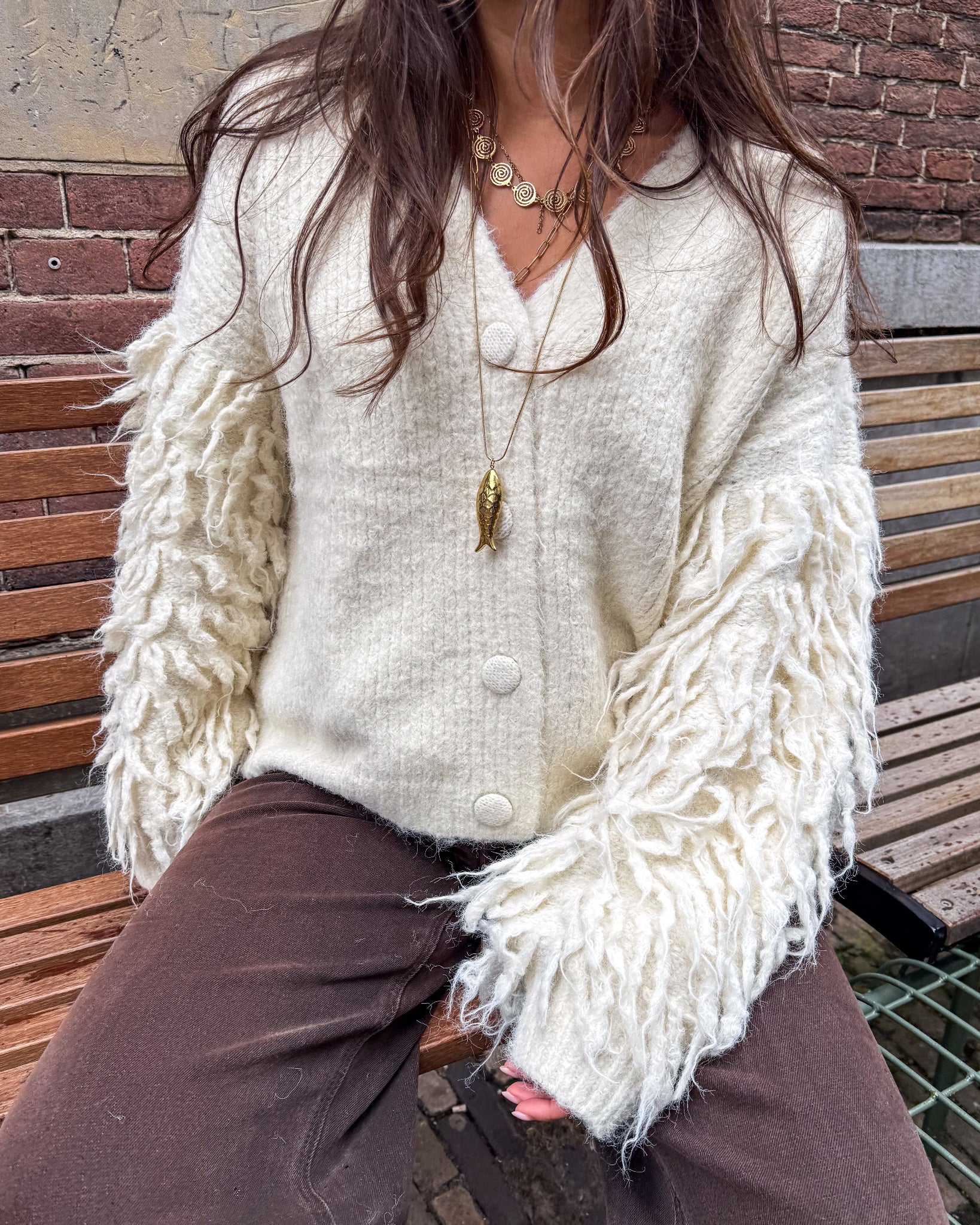 Fien Fringe Sleeve Vest Gebroken Wit