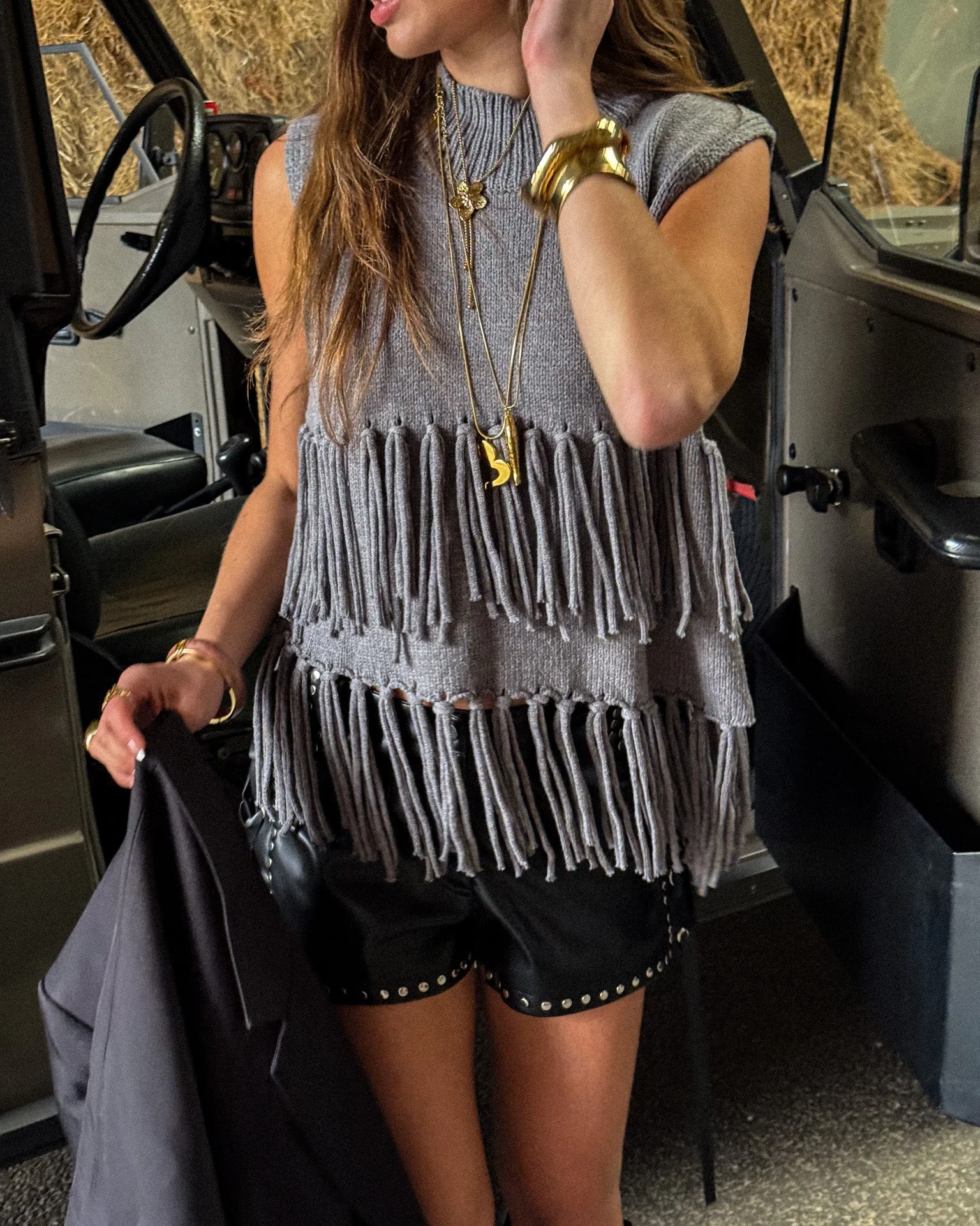 Harvest Fringe Spencer Grijs