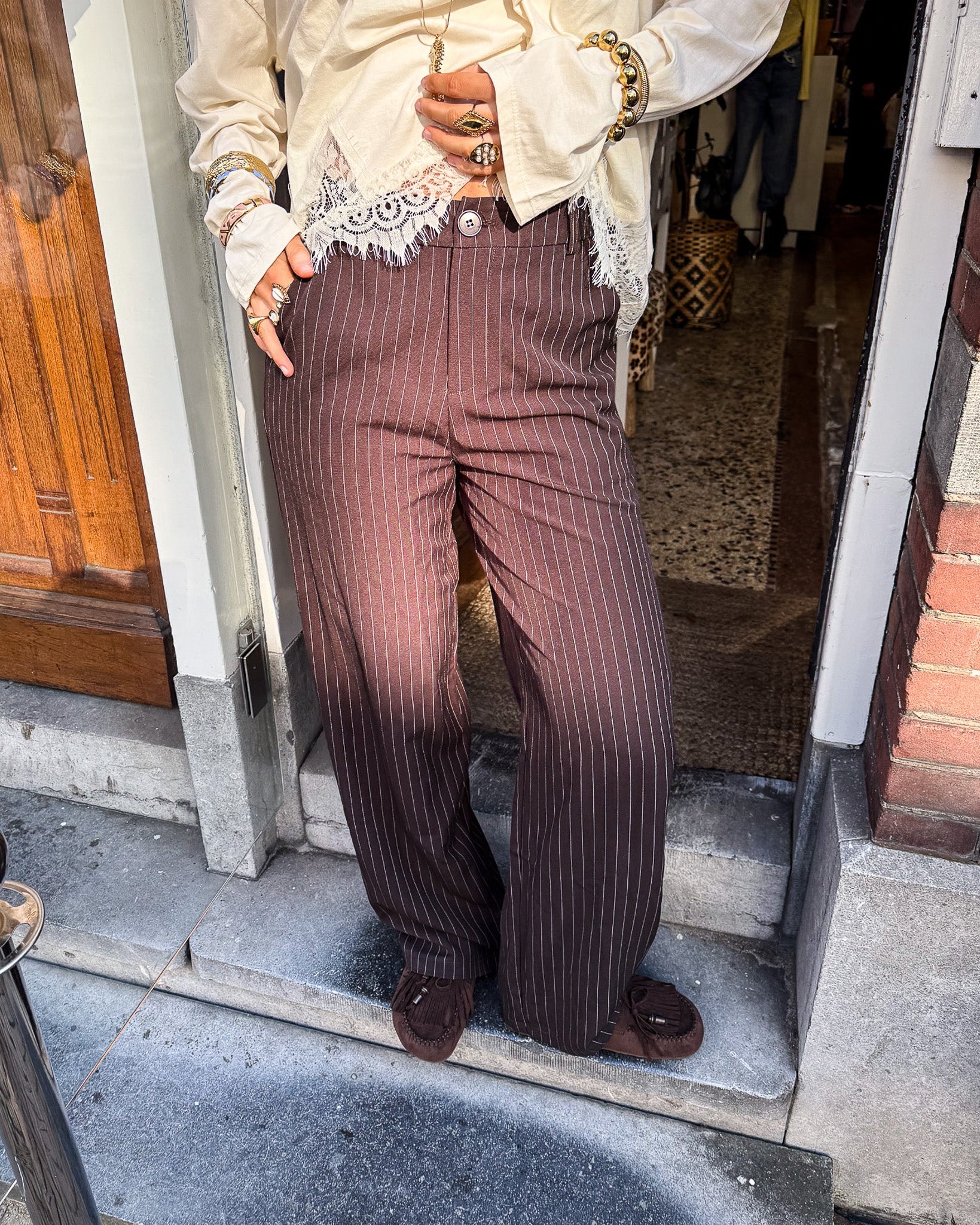 Mist Pantalon Bruin Gestreept