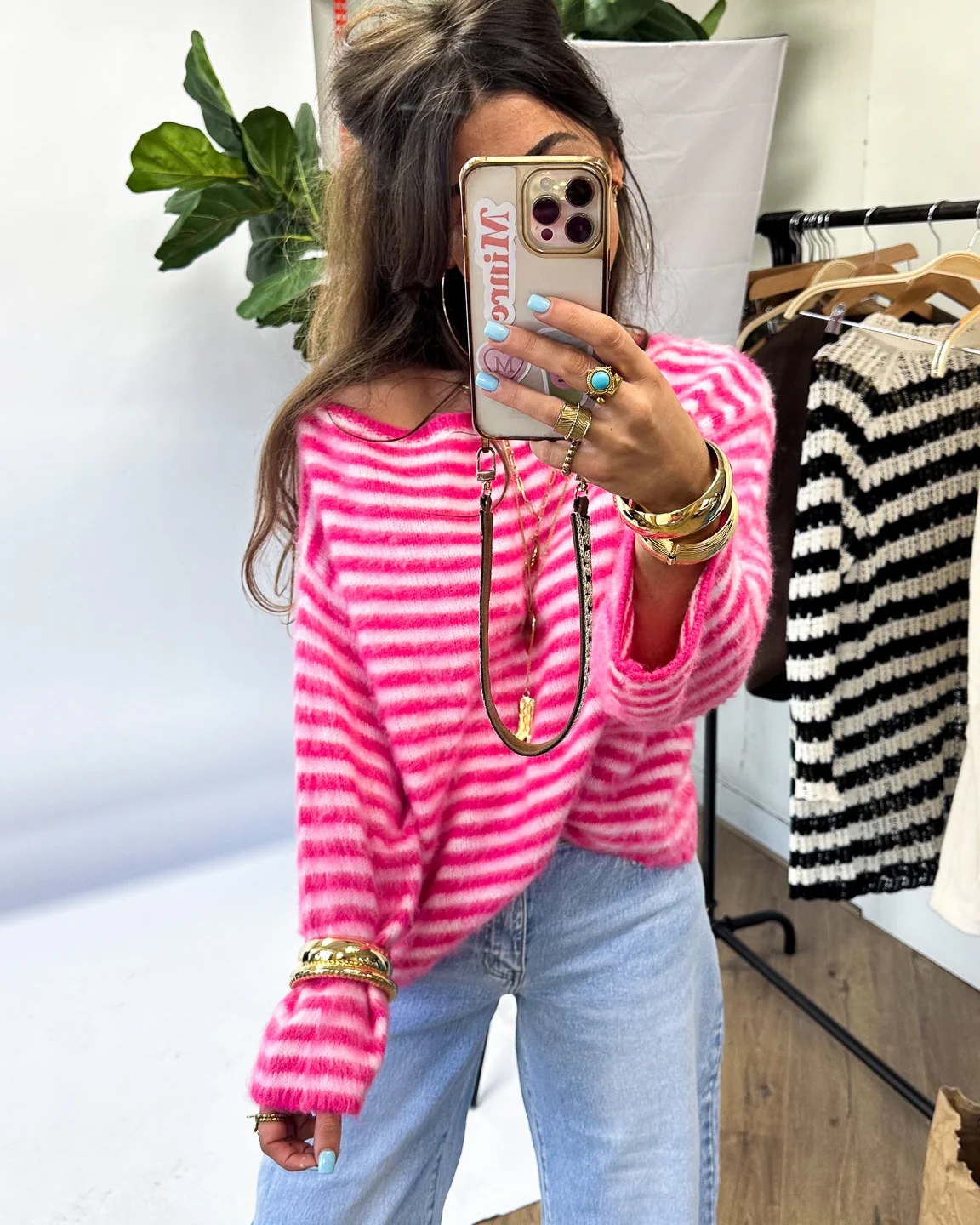 Moon Striped Off Shoulder Knit Roze - Image 3