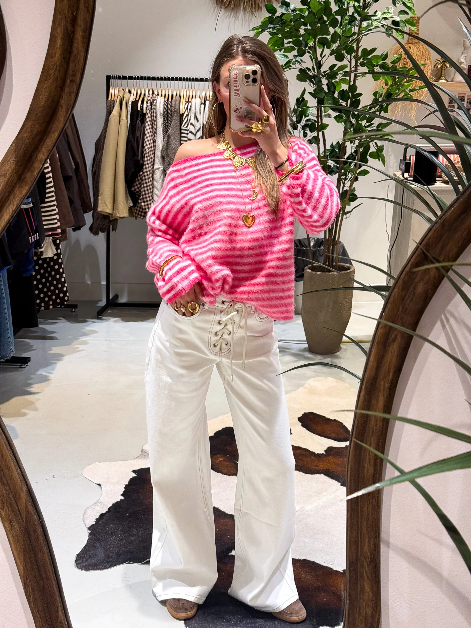 Moon Striped Off Shoulder Knit Roze - Image 4