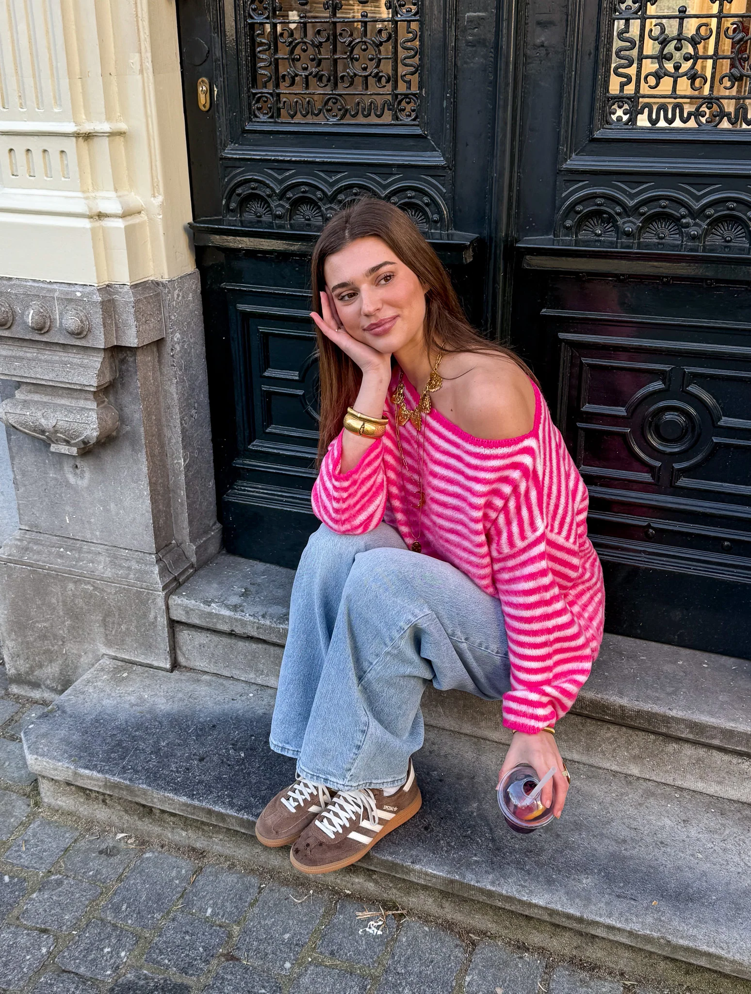 Moon Striped Off Shoulder Knit Roze - Image 6