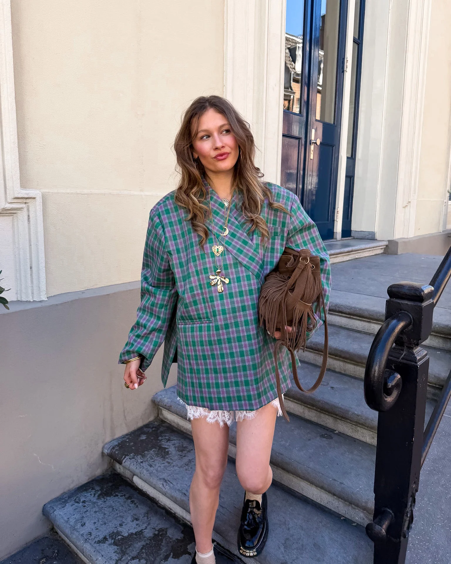 Saint Oversized Blazer Geruit Groen Roze - Image 3