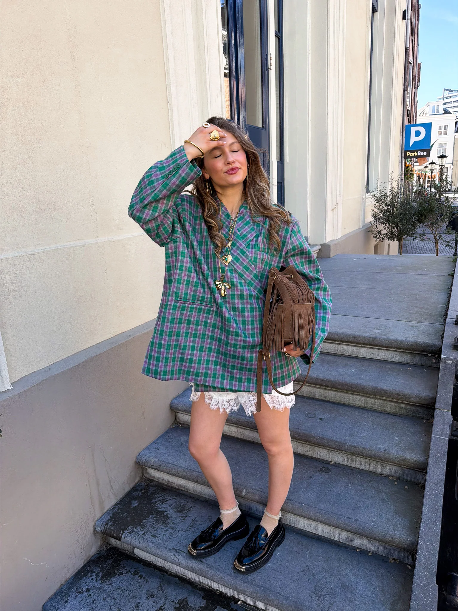Saint Oversized Blazer Geruit Groen Roze - Image 6